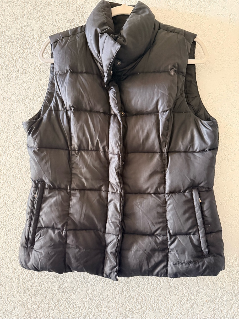 EDDIE BAUER Premium Goose Down Quilted Outdoor Hiking Puffer Black Vest Sz Med